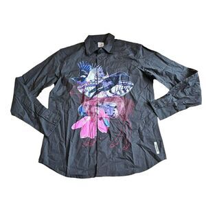 Desigual mens Sz L olive green gray long sleeve printed shirt